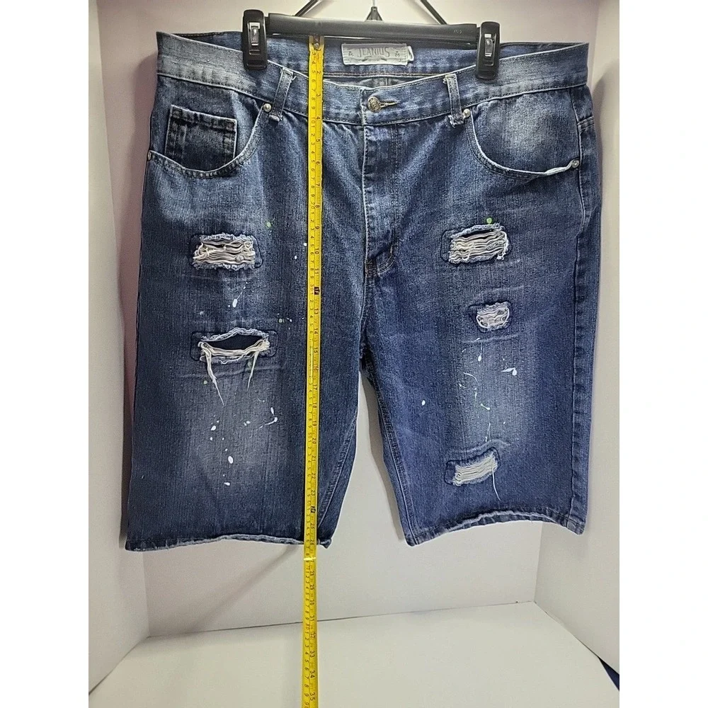 Jeanius‎ Akademiks Shorts Mens 40 Blue Paint Splatter Denim Distressed Baggy Y2K